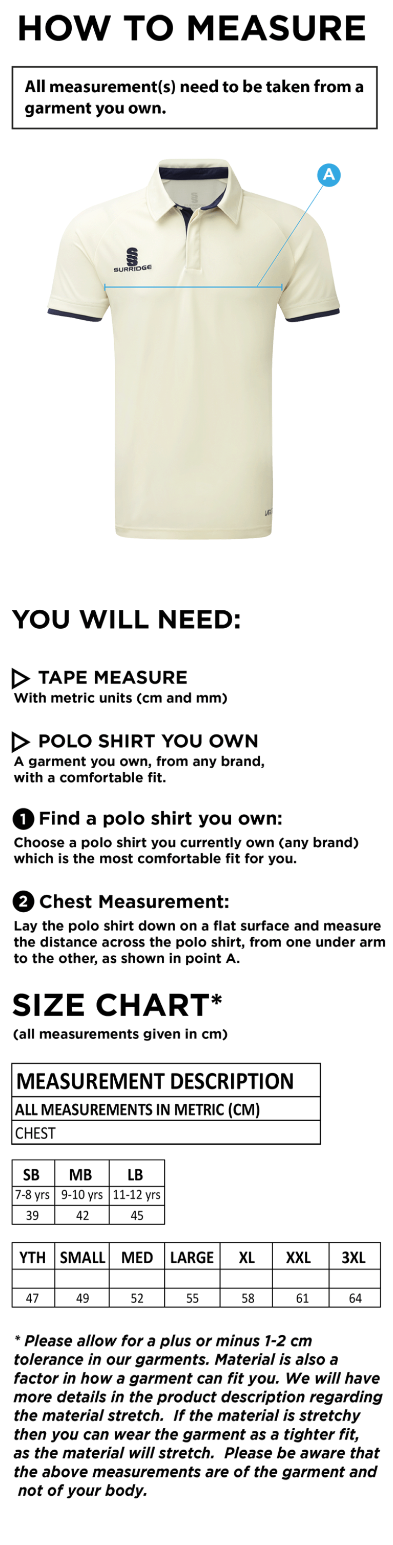Sherwood CC - Ergo Short Sleeve Shirt - Size Guide