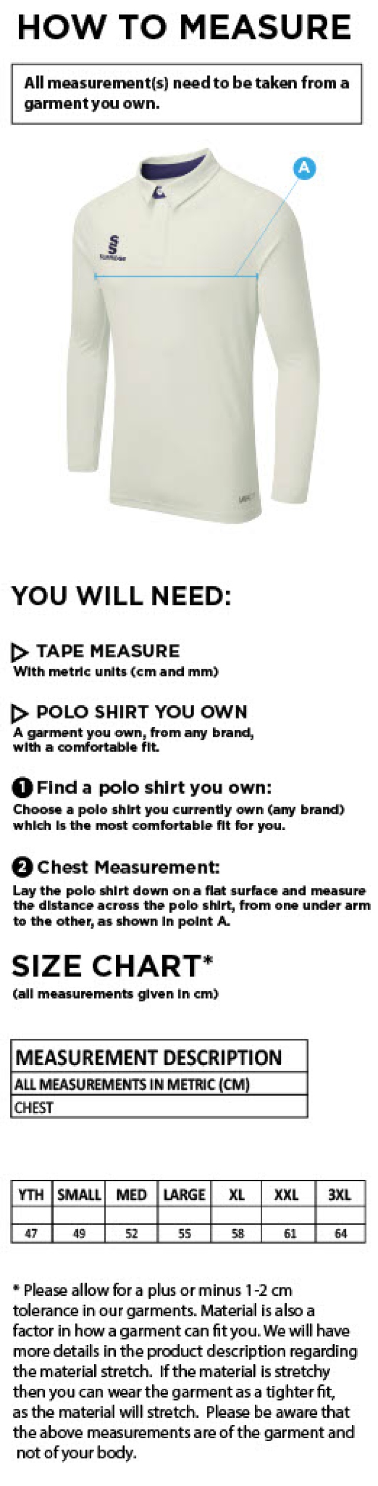 Sherwood CC - Ergo Long Sleeve Shirt - Size Guide