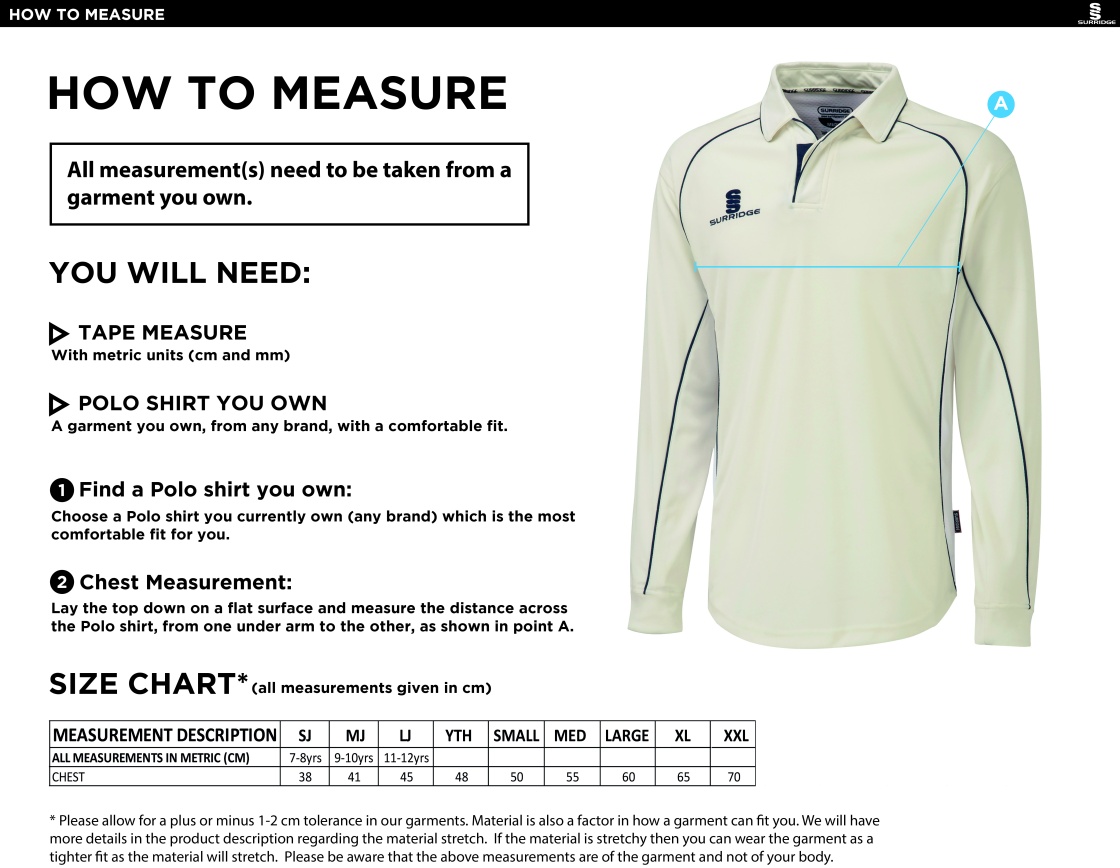 Sherwood CC - Premier Long Sleeve Shirt - Size Guide